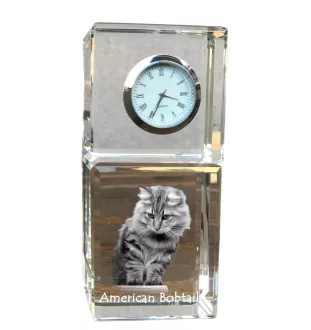 Amerikanisch Bobtail - Kristalluhr mit Bild, Katzenbild im Kristall, personalisierte Schreibtischuhr von Art-Dog.