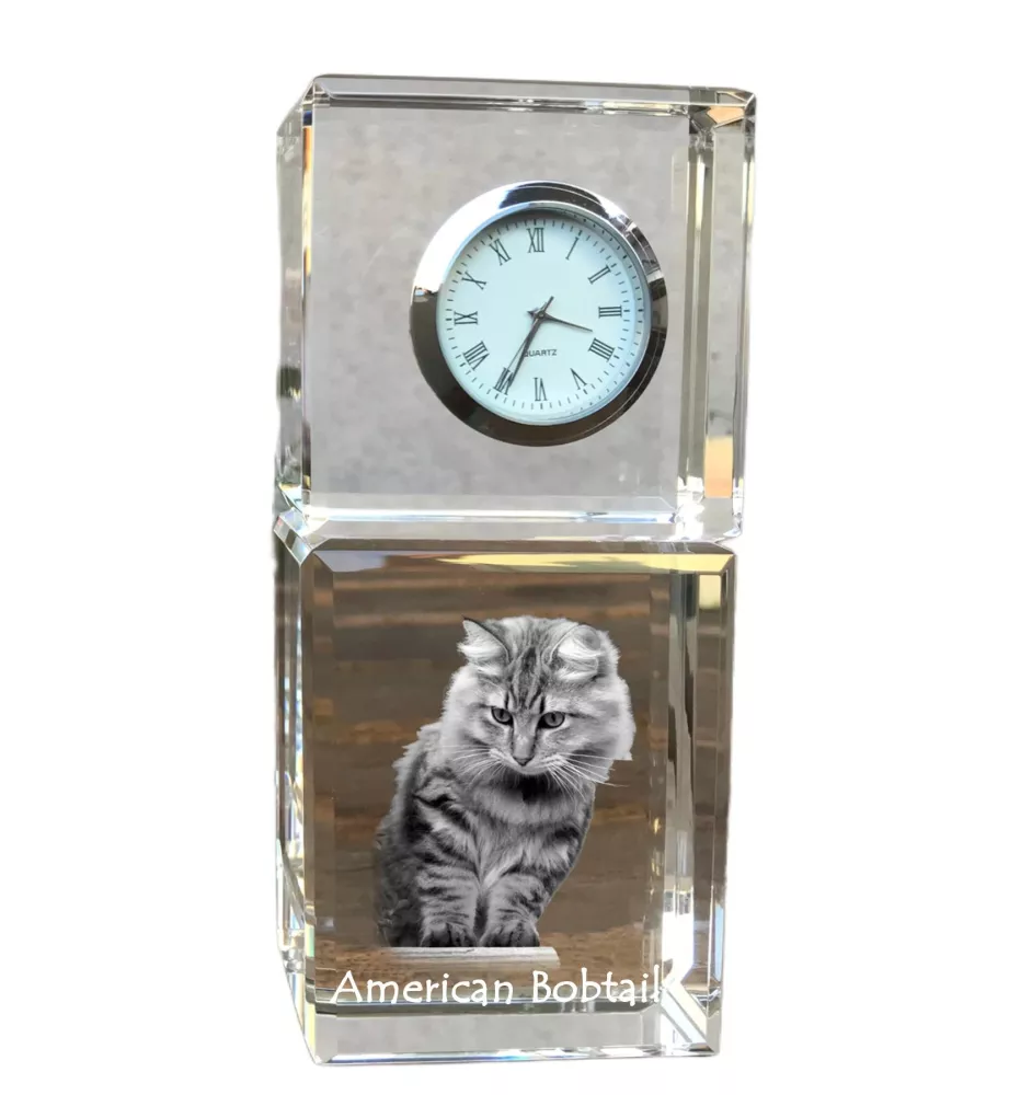 Amerikanisch Bobtail - Kristalluhr mit Bild, Katzenbild im Kristall, personalisierte Schreibtischuhr von Art-Dog.