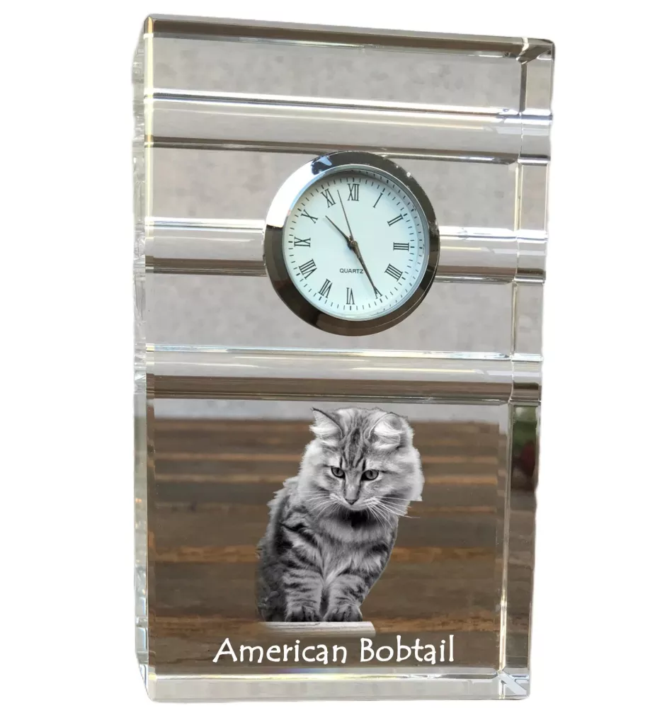 American Bobtail - glass clock with a photo, photo of a cat in crystal, personalized standing office clock by Art-Dog brand