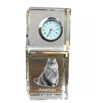 Chat à boucles américaines - montre en cristal avec photo, photo de chat dans le cristal, horloge de bureau personnalisée de la marque Art-Dog
