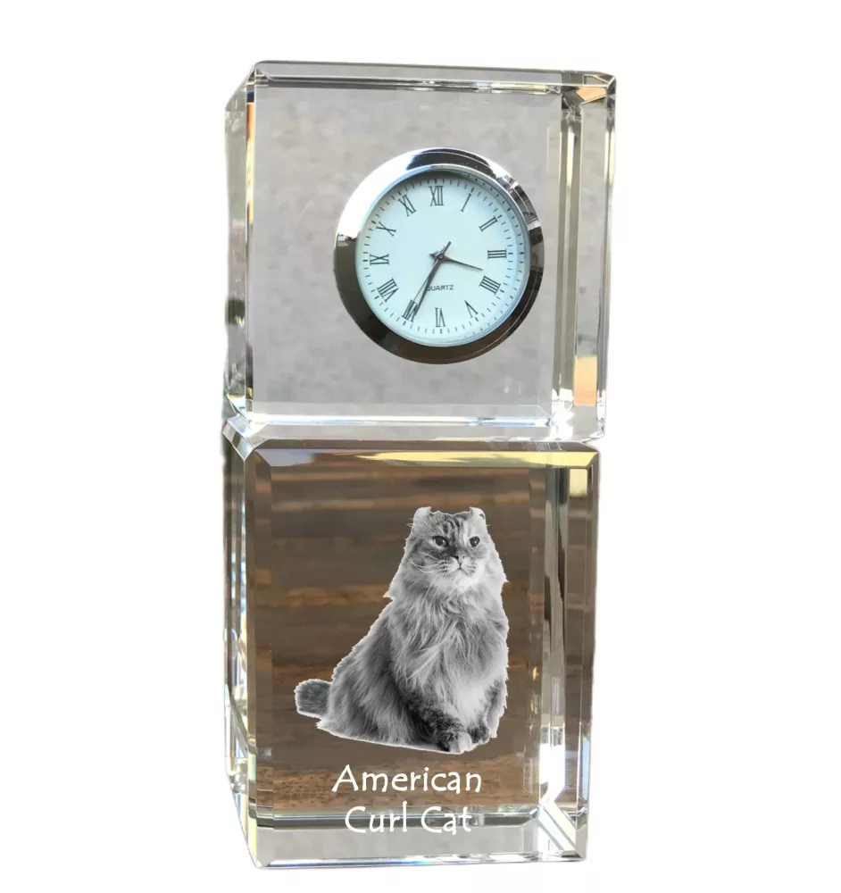 American Curl Cat - crystal clock with a photo, photo of a cat in crystal, personalized desk clock by Art-Dog brand