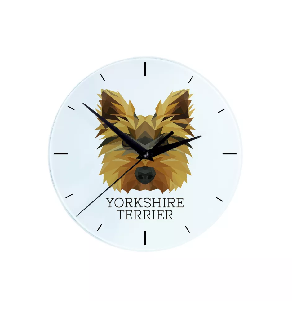 Yorkshire Terrier - geometrische Wanduhr mit Bild und Aufschrift der Marke Art-Dog
