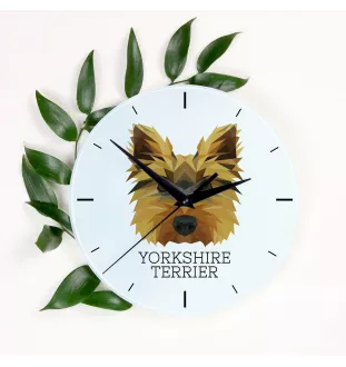 Yorkshire Terrier - geometrische Wanduhr mit Bild und Aufschrift der Marke Art-Dog