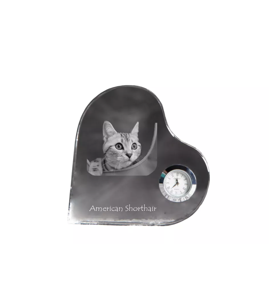 American Shorthair - crystal clock with a picture of a cat, heart-shaped shelf clock, personalized standing clock by Art-Dog brand