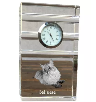 Balinese links - Glasuhr mit Foto, Katzenfoto im Kristall, personalisierte Standuhr für das Büro der Marke Art-Dog