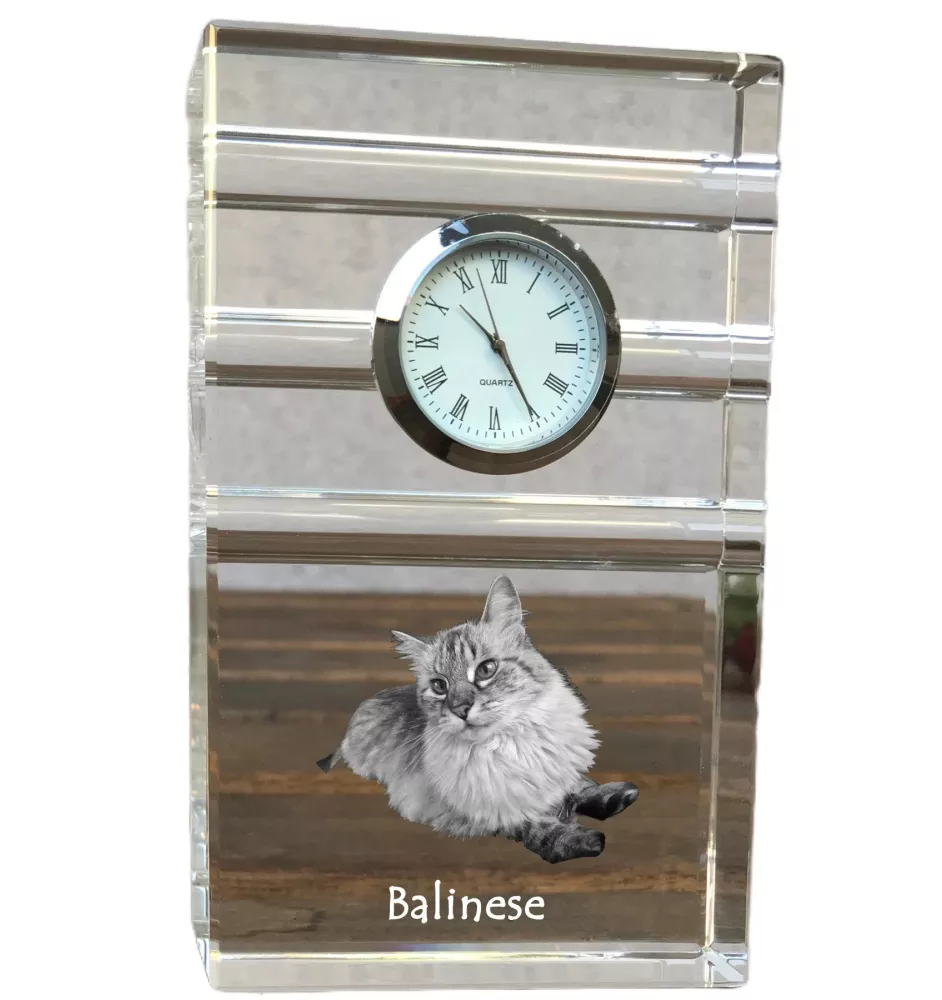 Balinais gauche - une horloge en verre avec une photo, une photo de chat dans un cristal, une horloge de bureau personnalisée de la marque Art-Dog
