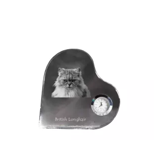 British Longhair - crystal clock with a picture of a cat, heart-shaped shelf clock, personalized standing clock by Art-Dog brand