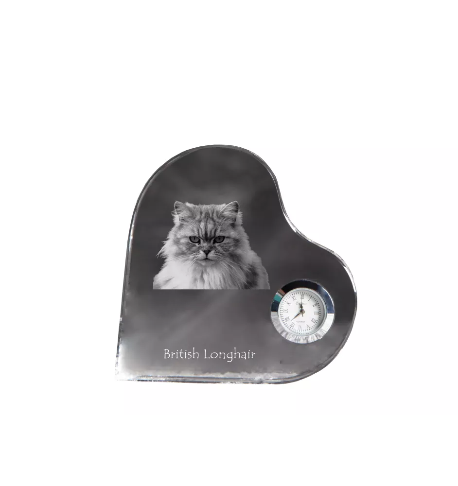 British Longhair - crystal clock with a picture of a cat, heart-shaped shelf clock, personalized standing clock by Art-Dog brand