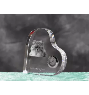 British Longhair - crystal clock with a picture of a cat, heart-shaped shelf clock, personalized standing clock by Art-Dog brand