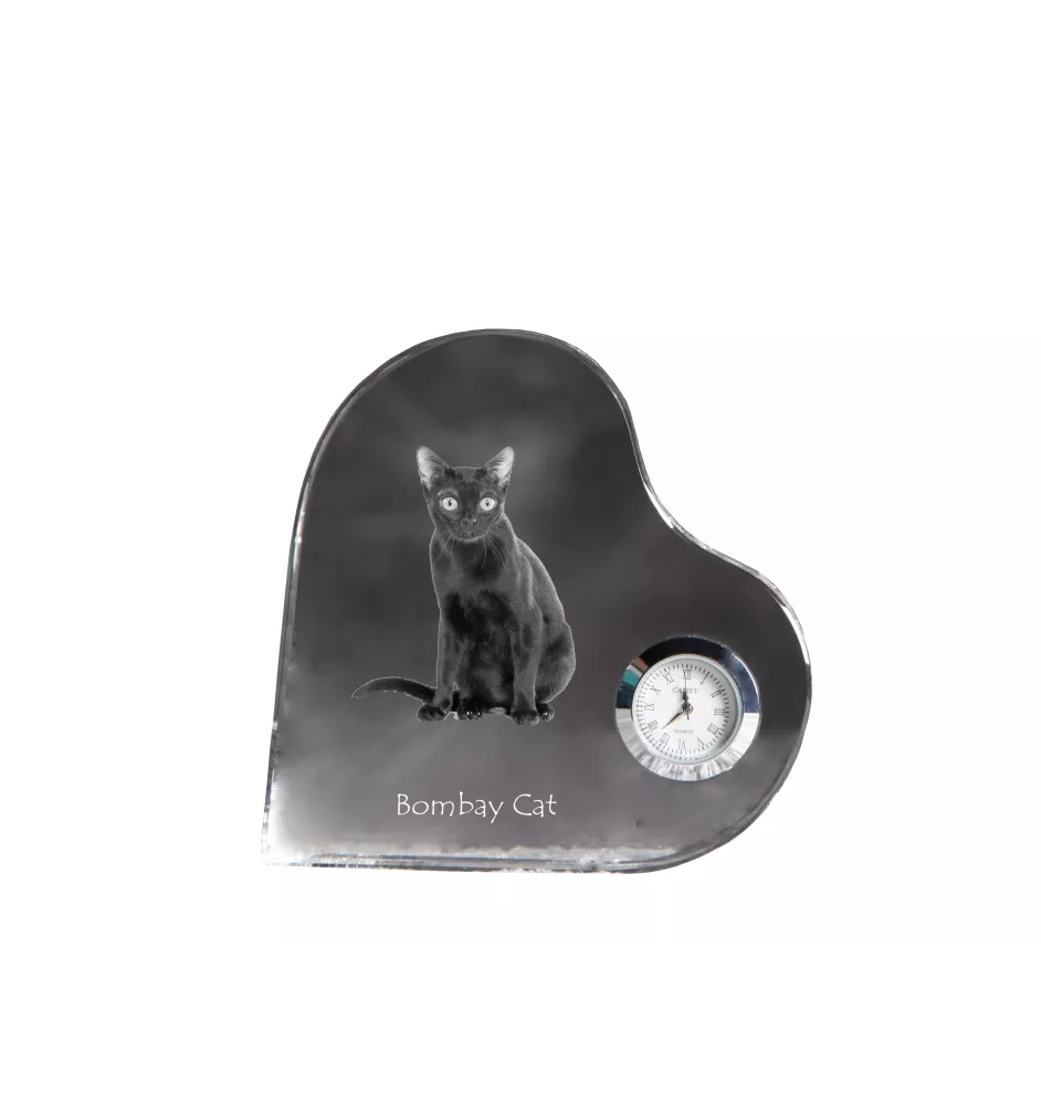 Bombay Cat - crystal clock with a picture of a cat, heart-shaped shelf clock, personalized standing clock by Art-Dog brand