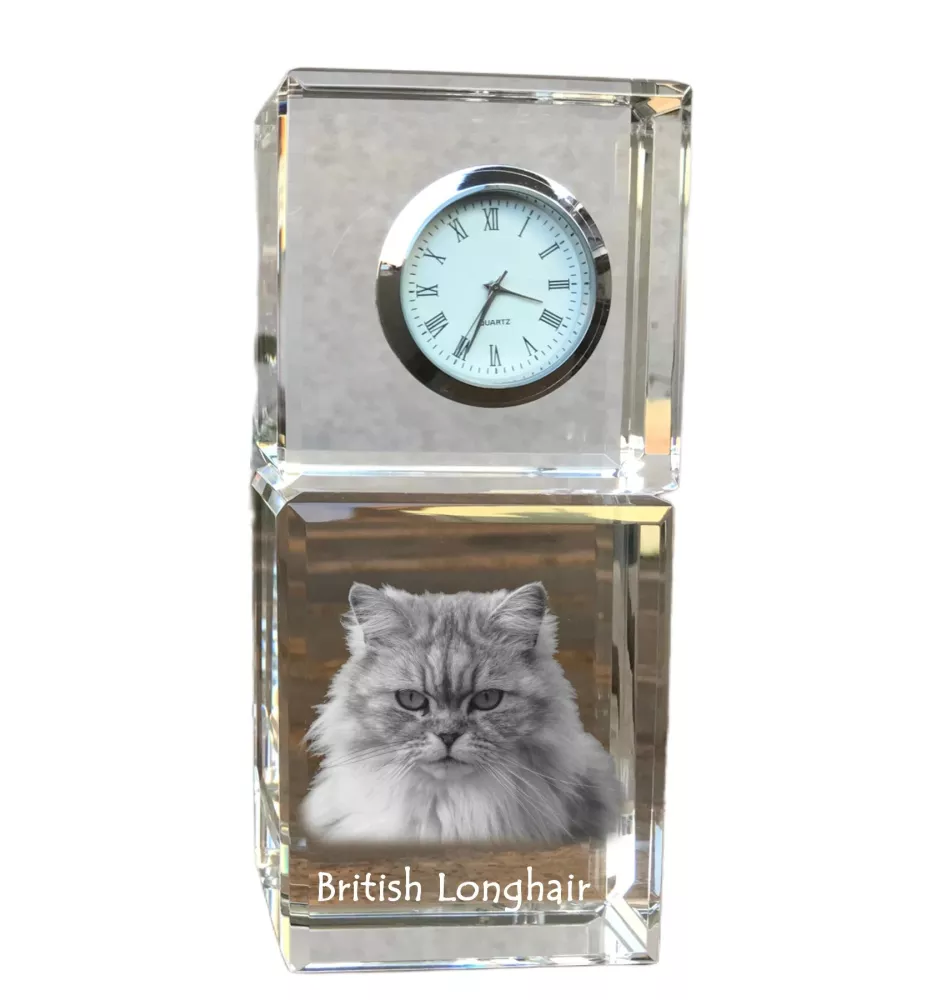 British Longhair - montre en cristal avec photo, photo de chat dans le cristal, horloge de bureau personnalisée de la marque Art-Dog
