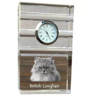 British Longhair - glass clock with a photo, photo of a cat in crystal, personalized standing office clock by Art-Dog brand