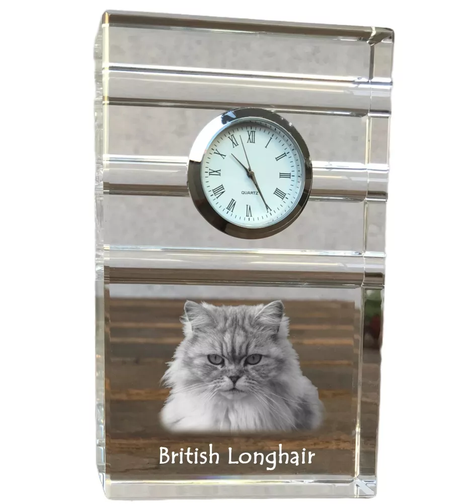 British Longhair - une horloge en verre avec une photo, une photo de chat dans un cristal, une horloge de bureau personnalisée de la marque Art-Dog
