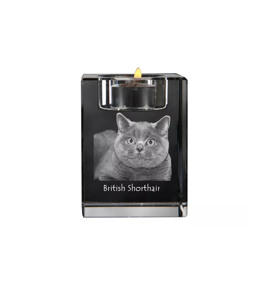 British Shorthair - Bougeoir avec photo de chat, porte bougie en cristal, cadeau personnalisé par la marque Art-Dog