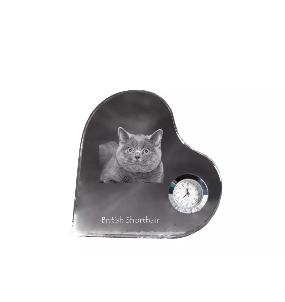 British Shorthair - crystal clock with a picture of a cat, heart-shaped shelf clock, personalized standing clock by Art-Dog brand