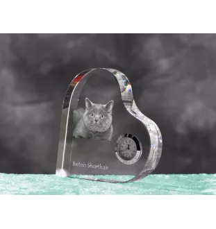 British Shorthair - crystal clock with a picture of a cat, heart-shaped shelf clock, personalized standing clock by Art-Dog brand