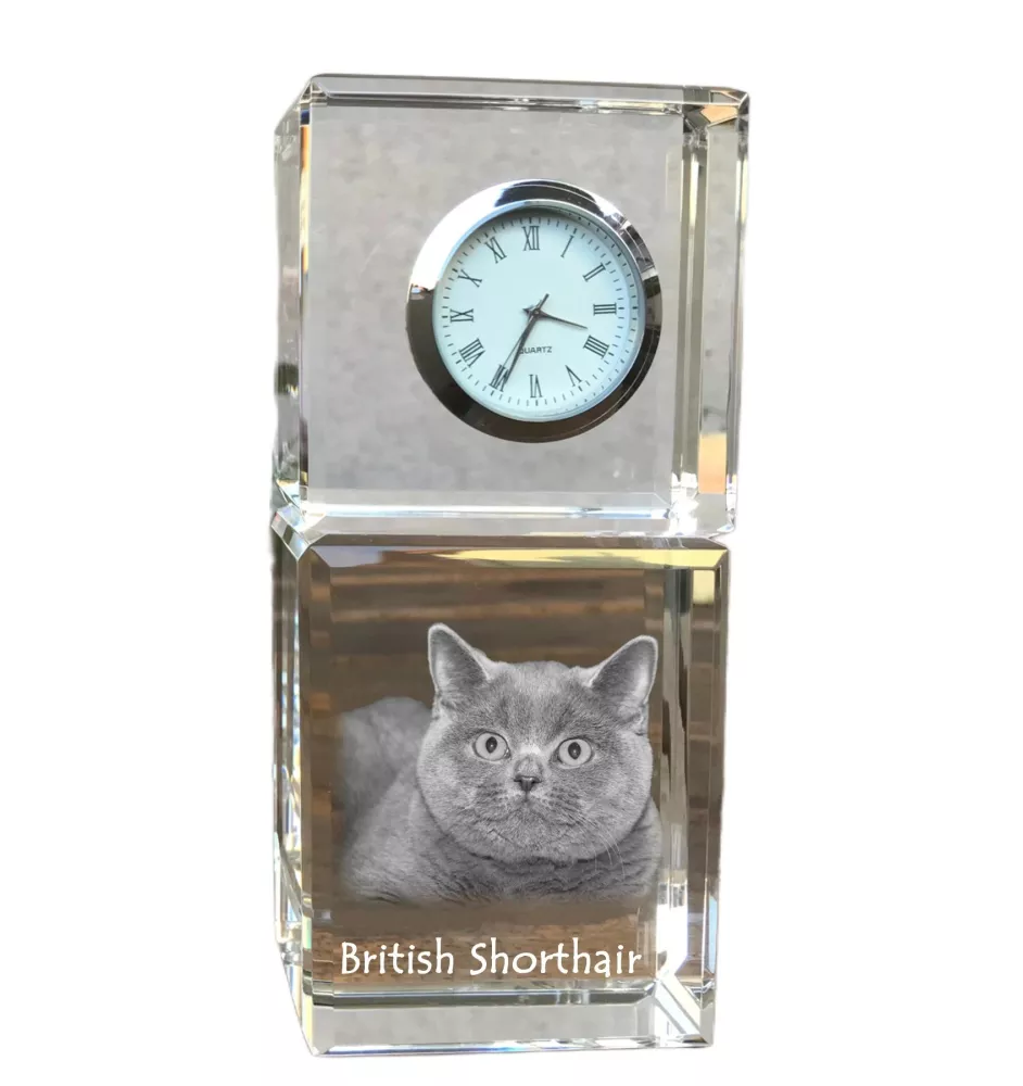 British Shorthair - montre en cristal avec photo, photo de chat dans le cristal, horloge de bureau personnalisée de la marque Art-Dog