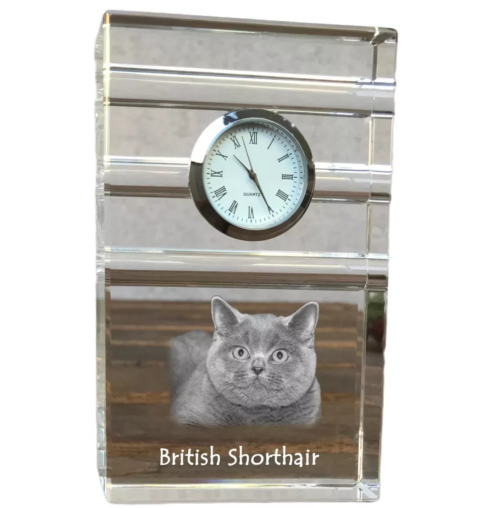 Britisch Kurzhaar - Glasuhr mit Foto, Katzenfoto im Kristall, personalisierte Standuhr für das Büro der Marke Art-Dog