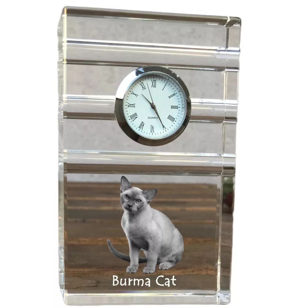 Birmakatze - Glasuhr mit Foto, Katzenfoto im Kristall, personalisierte Standuhr für das Büro der Marke Art-Dog