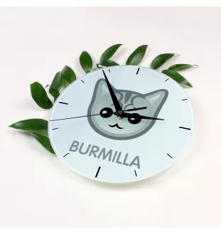 Burmilla - MDF-Uhr mit Grafik und Logo der Marke Art-Dog