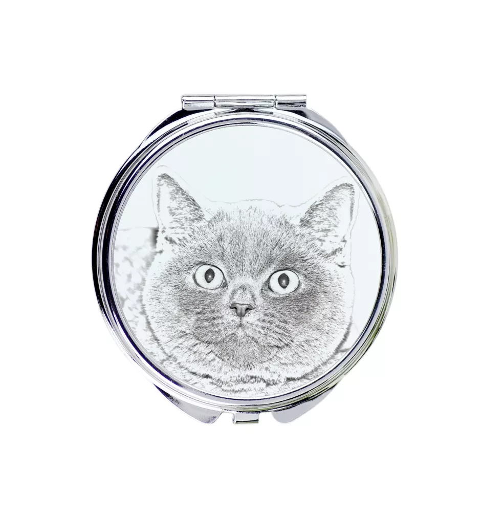 Britisch Kurzhaar - Taschenspiegel mit Katze, personalisierter Taschenspiegel, kompakter Spiegel mit Art-Dog-Logo