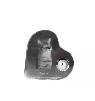 Chausie - crystal clock with a picture of a cat, heart-shaped shelf clock, personalized standing clock by Art-Dog brand