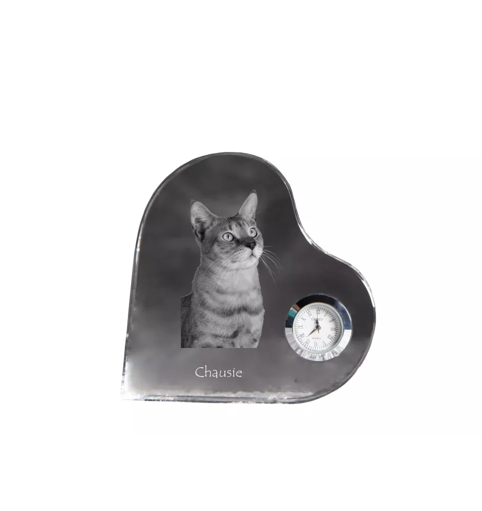 Chausie - Kristalluhr mit Katzenbild, Herzregal-Uhr, personalisierte Standuhr von Art-Dog.