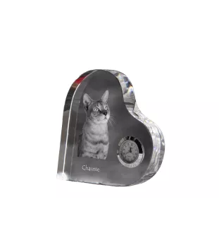 Chausie - crystal clock with a picture of a cat, heart-shaped shelf clock, personalized standing clock by Art-Dog brand