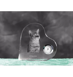 Chausie - crystal clock with a picture of a cat, heart-shaped shelf clock, personalized standing clock by Art-Dog brand