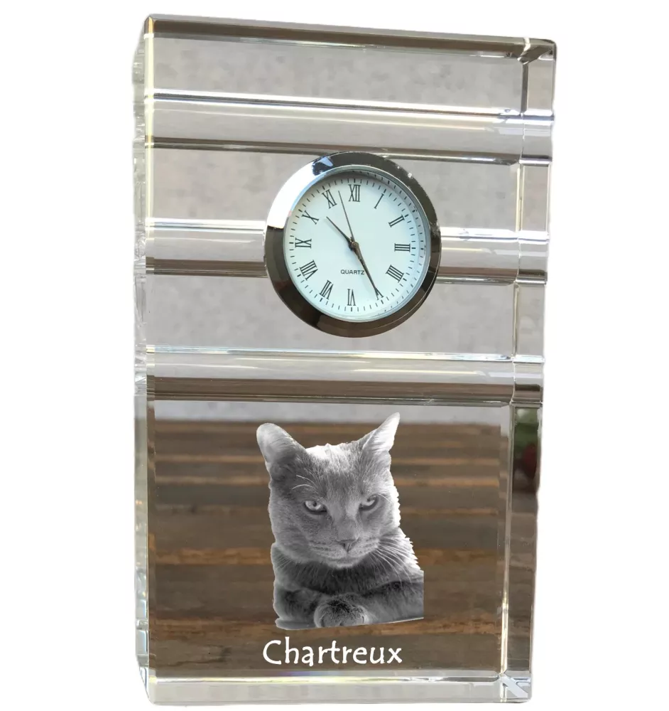 Chartreux - Glasuhr mit Foto, Katzenfoto im Kristall, personalisierte Standuhr für das Büro der Marke Art-Dog