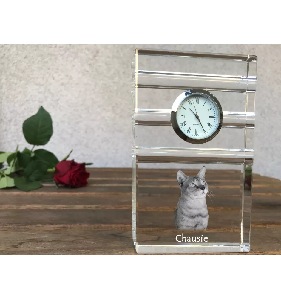 Chausie - glass clock with a photo, photo of a cat in crystal, personalized standing office clock by Art-Dog brand