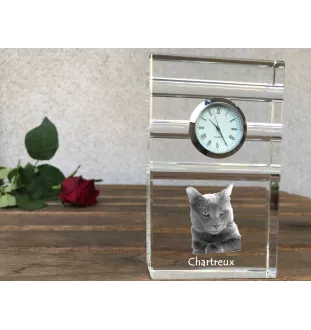 Chartreux - glass clock with a photo, photo of a cat in crystal, personalized standing office clock by Art-Dog brand