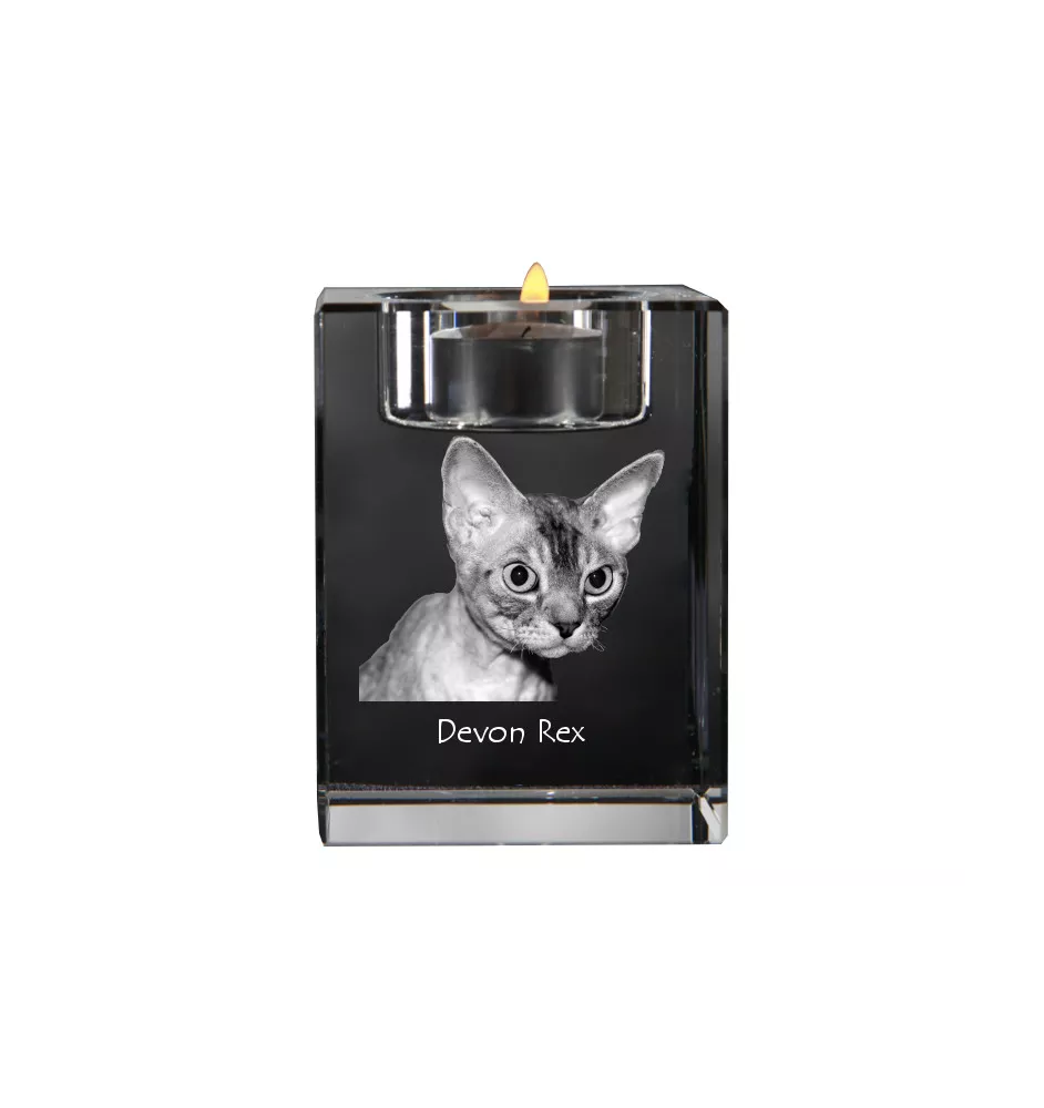 Devon Rex - Kerzenhalter mit Katzenfoto, Teelichthalter aus Kristall, personalisiertes Geschenk der Marke Art-Dog