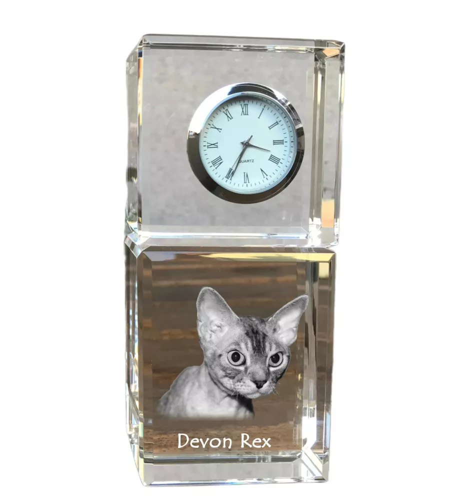 Devon Rex - montre en cristal avec photo, photo de chat dans le cristal, horloge de bureau personnalisée de la marque Art-Dog