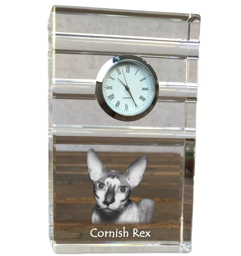 Cornish Rex - une horloge en verre avec une photo, une photo de chat dans un cristal, une horloge de bureau personnalisée de la marque Art-Dog