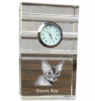 Devon Rex - Glasuhr mit Foto, Katzenfoto im Kristall, personalisierte Standuhr für das Büro der Marke Art-Dog