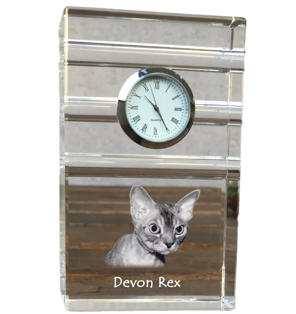 Devon Rex - Glasuhr mit Foto, Katzenfoto im Kristall, personalisierte Standuhr für das Büro der Marke Art-Dog