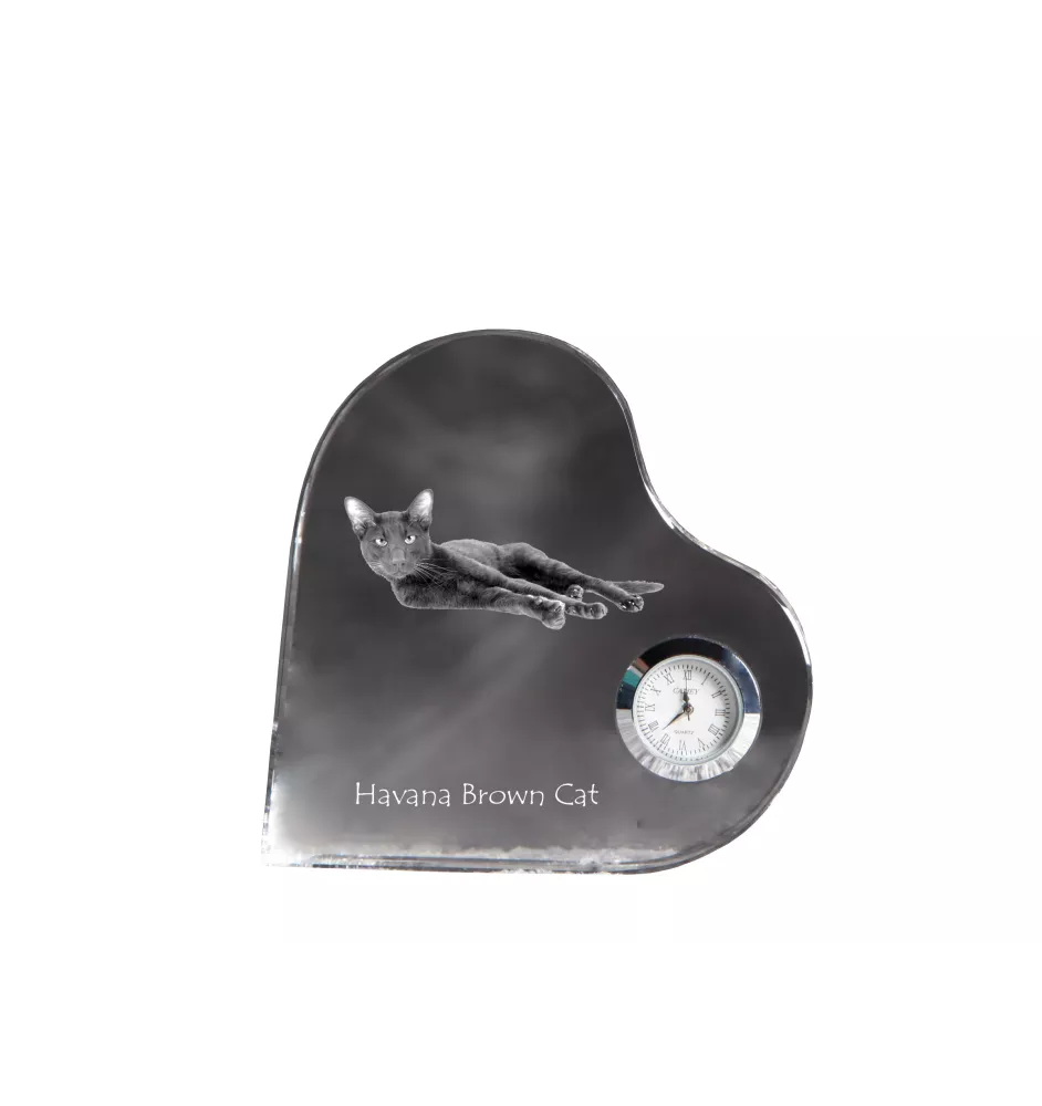 Havana brown Cat - crystal clock with a picture of a cat, heart-shaped shelf clock, personalized standing clock by Art-Dog brand