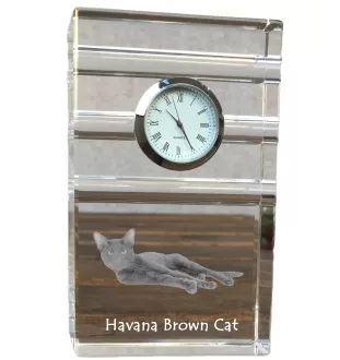 Havana brown Cat - glass clock with a photo, photo of a cat in crystal, personalized standing office clock by Art-Dog brand