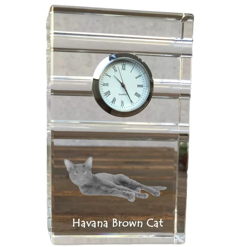 Havana brown Cat - glass clock with a photo, photo of a cat in crystal, personalized standing office clock by Art-Dog brand