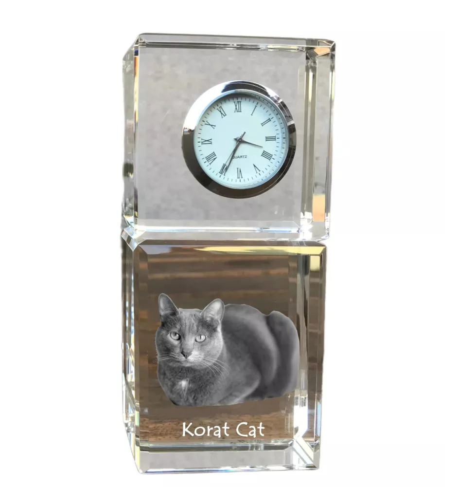 Korat Cat - crystal clock with a photo, photo of a cat in crystal, personalized desk clock by Art-Dog brand
