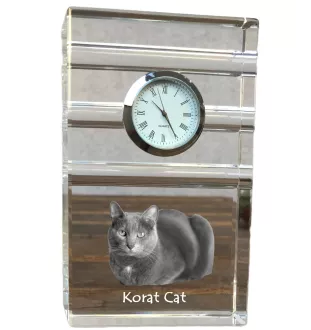 Korat Cat - glass clock with a photo, photo of a cat in crystal, personalized standing office clock by Art-Dog brand