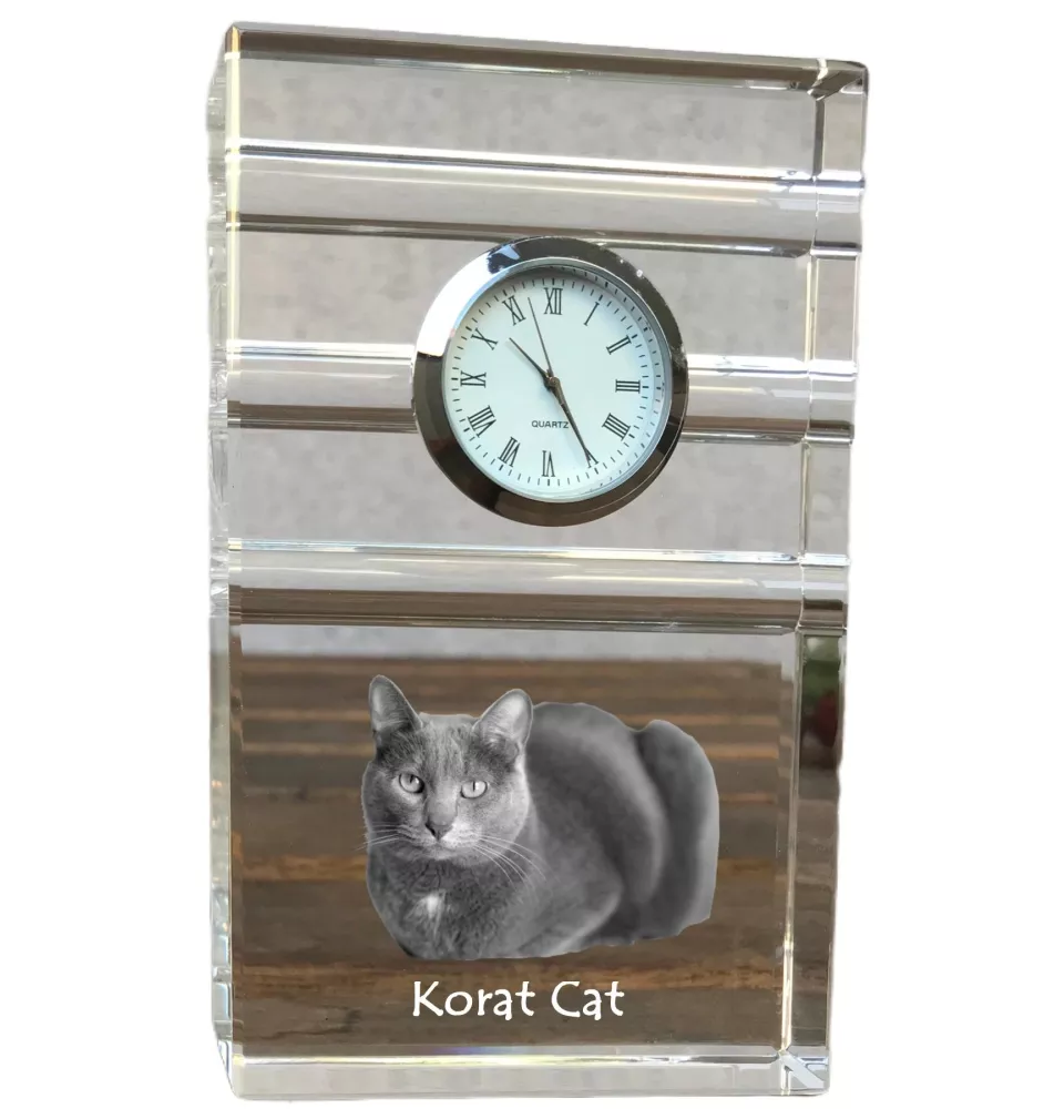 Korat Cat - glass clock with a photo, photo of a cat in crystal, personalized standing office clock by Art-Dog brand