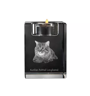 Kurilian bobtail à poil long - Bougeoir avec photo de chat, porte bougie en cristal, cadeau personnalisé par la marque Art-Dog