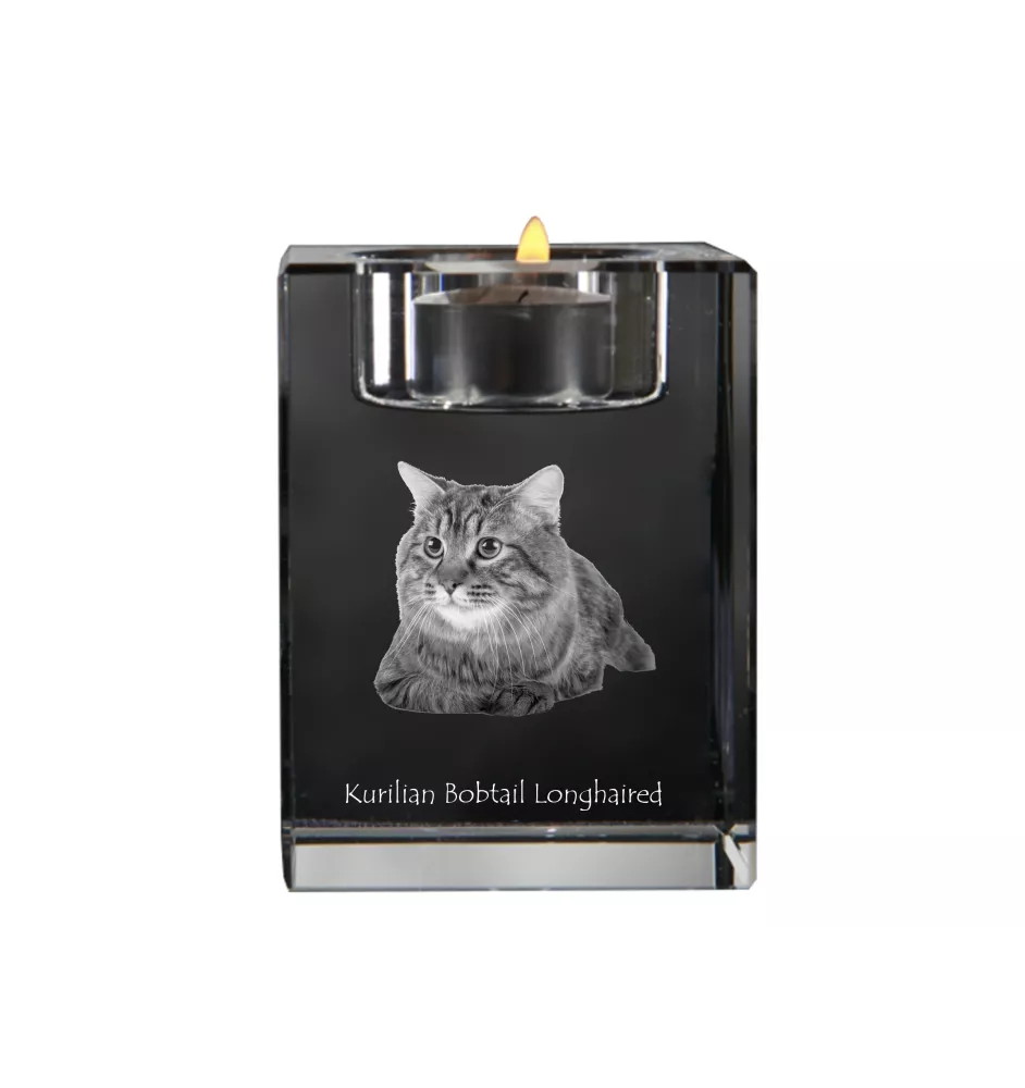 Kurilian bobtail longhaired - Candle holder with cat photo, crystal tealight holder, personalised gift by Art-Dog brand