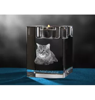 Kurilian bobtail à poil long - Bougeoir avec photo de chat, porte bougie en cristal, cadeau personnalisé par la marque Art-Dog