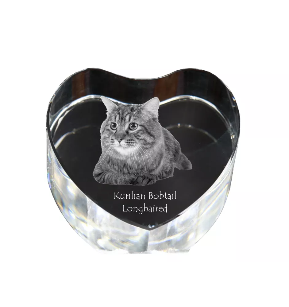 Kurilian bobtail longhaired - crystal clock with a picture of a cat, heart-shaped shelf clock, personalized standing clock by Art-Dog brand