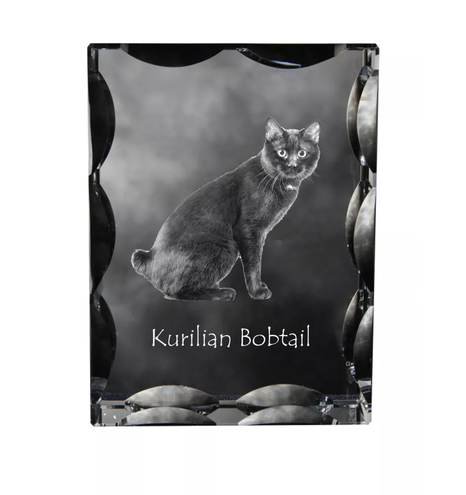 Kurilian bobtail - crystal with a cat picture, glass statuette with a picture, unique frame with a picture from Art-Dog brand