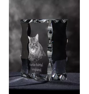 Kurilian bobtail longhaired - crystal with a cat picture, glass statuette with a picture, unique frame with a picture from Art-Dog brand