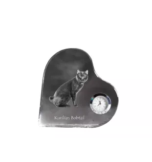 Kurilian bobtail - crystal clock with a picture of a cat, heart-shaped shelf clock, personalized standing clock by Art-Dog brand